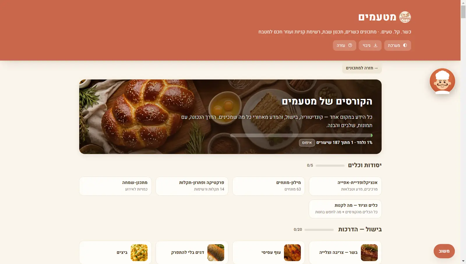 מסך הקורסים: באנר עם חלה ועוגה, מד התקדמות שיעורים, וכרטיסי יסודות וכלים